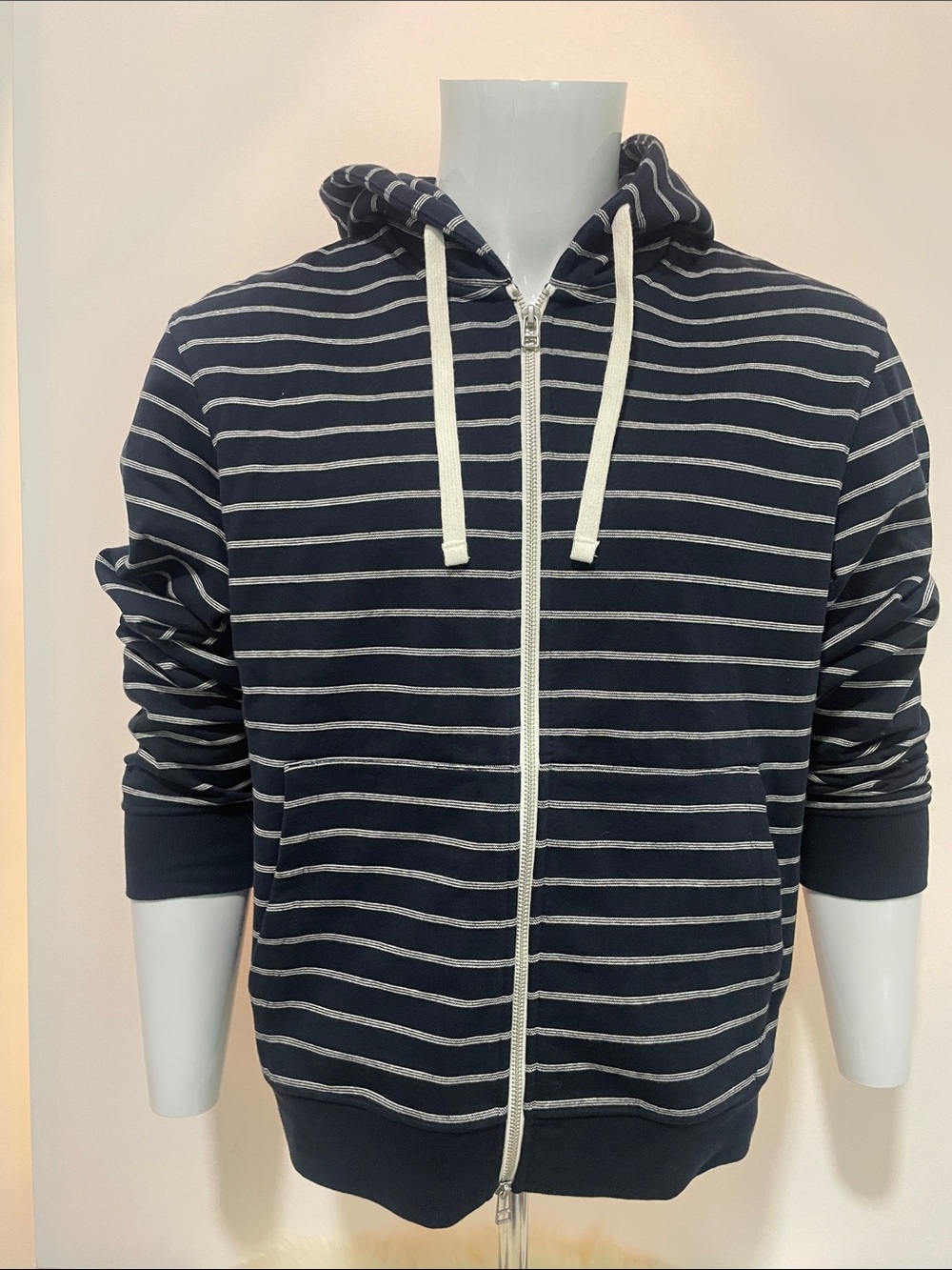 Zara Navy and White Striped Full-Zip Hoodie
